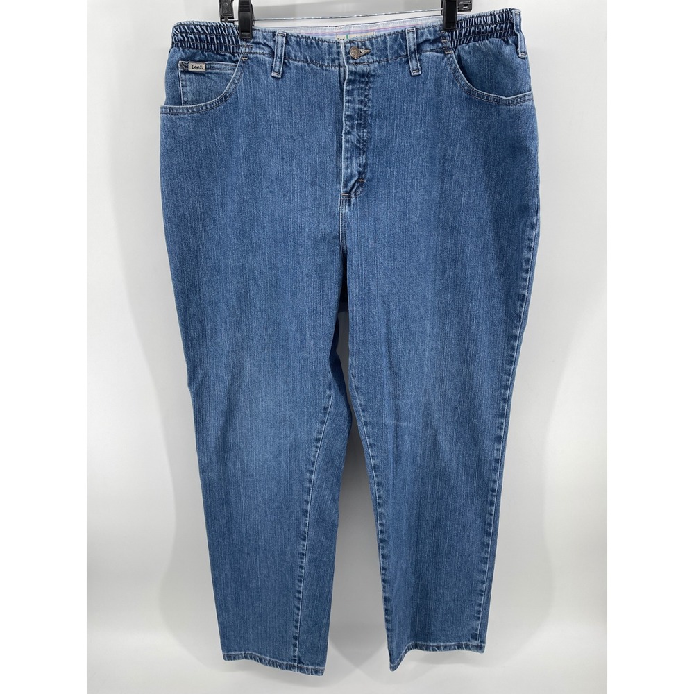 Lee Jeans Womens 22W Blue Side Elastic Tapered Leg Medium Wash Denim Comfort